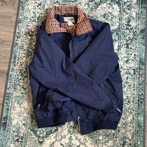 Vintage LLBEAN bomber jacket. Navy blue with plaid detailing. Size medium